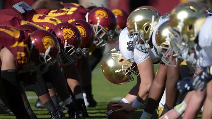 Nov 29, 2014; Los Angeles, CA, USA; General view of the line of scrimmage during the game between the Notre Dame Fighting Irish and the Southern California Trojans at Los Angeles Memorial Coliseum. 