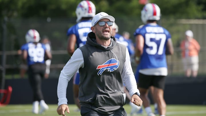 Bills defensive coordinator Bobby Babich calls out to units as they run onto the side practice field during Buffalo Bills training camp on Thursday, July 24.
