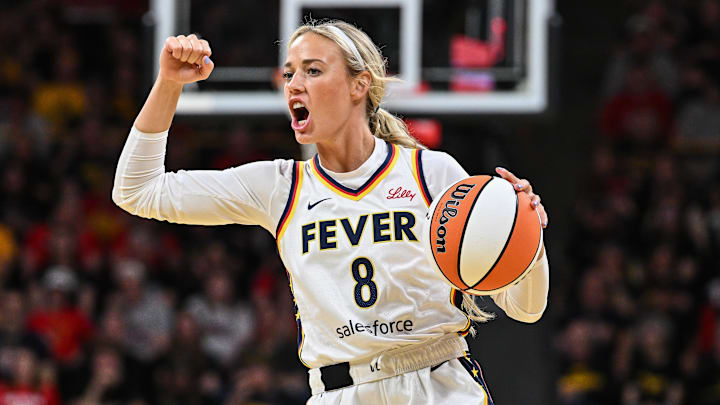 May 4, 2025; Iowa City, IA, USA; Indiana Fever guard Sophie Cunningham (8) reacts during the third quarter against the Brazil National Team at Carver-Haweye Arena. Mandatory Credit: Jeffrey Becker-Imagn Images May 4, 2025; Iowa City, IA, USA; Indiana Fever guard Sophie Cunningham (8) reacts during the third quarter against the Brazil National Team at Carver-Haweye Arena. Mandatory Credit: Jeffrey Becker-Imagn Images