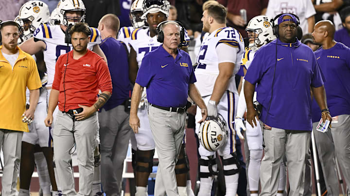 Oct 26, 2024; College Station, Texas, USA; LSU Tigers head coach Brian Kelly looks on during the fourth quarter against the LSU Tigers. The Aggies defeated the Tigers 38-23; at Kyle Field. Mandatory Credit: Maria Lysaker-Imagn Images.  