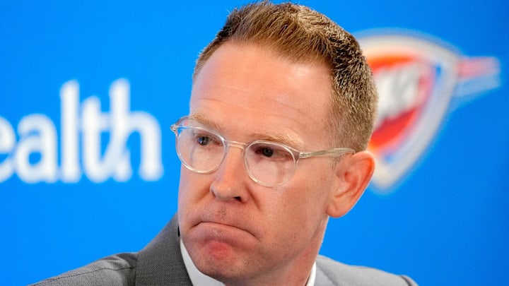 Thunder general manager Sam Presti speaks during an introductory press conference for the 2024 Thunder draft picks at Oklahoma Contemporary Arts Center in Oklahoma City, Saturday, June, 29, 2024.