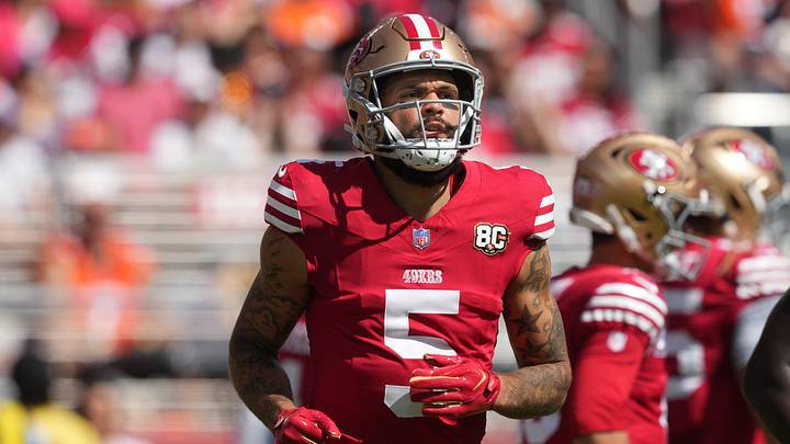 Oct 4, 2026; Santa Clara, California, USA; San Francisco 49ers wide receiver Mike Evans (5) during the first quarter against the Denver Broncos at Levi's Stadium. Mandatory Credit: Darren Yamashita-Imagn Images Oct 4, 2026; Santa Clara, California, USA; San Francisco 49ers wide receiver Mike Evans (5) during the first quarter against the Denver Broncos at Levi's Stadium. Mandatory Credit: Darren Yamashita-Imagn Images