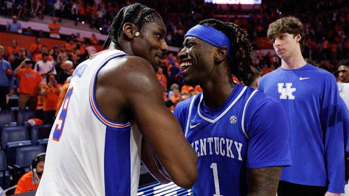 Feb 14, 2026; Gainesville, Florida, USA; Florida Gators center Rueben Chinyelu (9) and Kentucky Wildcats guard Denzel Aberdeen (1) embrace after a game at Exactech Arena at the Stephen C. O'Connell Center. Mandatory Credit: Matt Pendleton-Imagn Images Feb 14, 2026; Gainesville, Florida, USA; Florida Gators center Rueben Chinyelu (9) and Kentucky Wildcats guard Denzel Aberdeen (1) embrace after a game at Exactech Arena at the Stephen C. O'Connell Center. Mandatory Credit: Matt Pendleton-Imagn Images