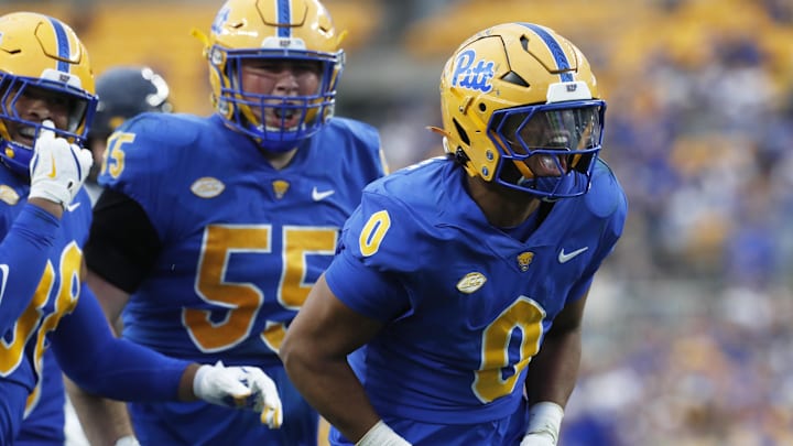 Oct 12, 2024; Pittsburgh, Pennsylvania, USA;  Pittsburgh Panthers linebacker Braylan Lovelace (0) reacts after registering a sack against the California Golden Bears during the third quarter at Acrisure Stadium. Pittsburgh won 17-15. Mandatory Credit: Charles LeClaire-Imagn Images