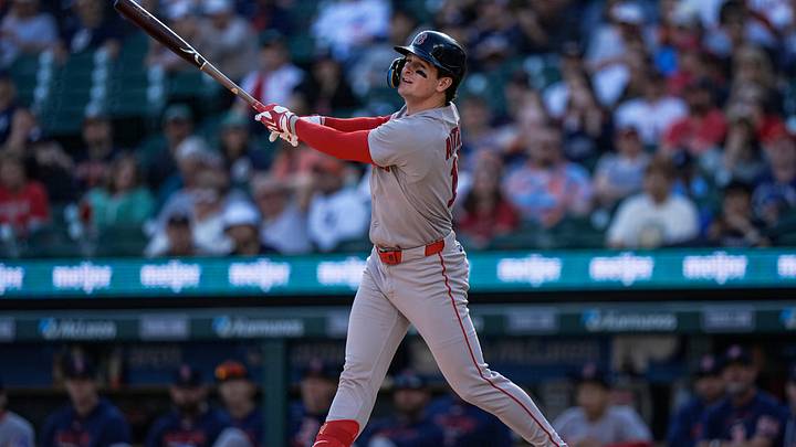 Boston Red Sox left fielder Roman Anthony (19) bats against Detroit Tigers during the first inning at Comerica Park in Detroit on Monday, May 4, 2026.