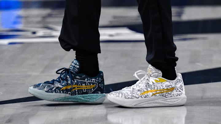 Jul 16, 2025; Brooklyn, New York, USA; A general view of basketball shoes worn by New York Liberty forward Breanna Stewart (30) during pregame warmups of a game against the Indiana Fever at Barclays Center. Mandatory Credit: John Jones-Imagn Images