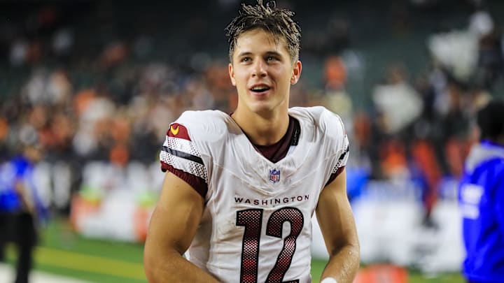 Sep 23, 2024; Cincinnati, Ohio, USA; Washington Commanders wide receiver Luke McCaffrey (12) acknowledges fans after the victory over the Cincinnati Bengals at Paycor Stadium. Mandatory Credit: Katie Stratman-Imagn Images