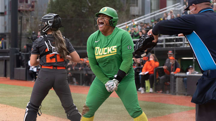 Shown here against Oregon State in March, Ducks' first basemen Stefini Ma'ake tattooed UCLA pitching for seven hits, seven RBI and a pair of home runs so far this weekend. The series wraps up today with an 11 a.m. game on the Big Ten Network.