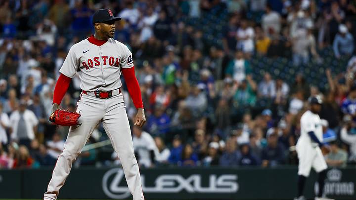 Jun 16, 2025; Seattle, Washington, USA; Boston Red Sox relief pitcher Aroldis Chapman (44) reacts following the final out of a victory against the Seattle Mariners at T-Mobile Park. Mandatory Credit: Joe Nicholson-Imagn Images Jun 16, 2025; Seattle, Washington, USA; Boston Red Sox relief pitcher Aroldis Chapman (44) reacts following the final out of a victory against the Seattle Mariners at T-Mobile Park. Mandatory Credit: Joe Nicholson-Imagn Images