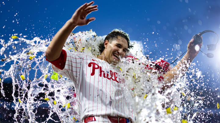 Jul 27, 2024; Philadelphia, Pennsylvania, USA; Phillies pitcher Tyler Phillips (48) is doused by water after his complete game shut out victory against the Cleveland Guardians at Citizens Bank Park. Jul 27, 2024; Philadelphia, Pennsylvania, USA; Phillies pitcher Tyler Phillips (48) is doused by water after his complete game shut out victory against the Cleveland Guardians at Citizens Bank Park.