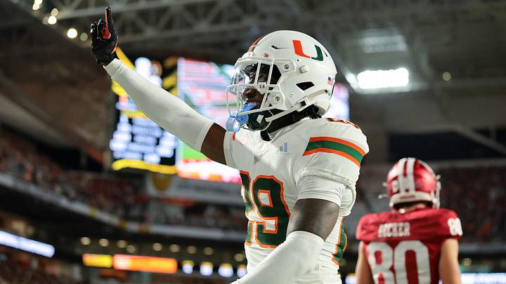 Jan 19, 2026; Miami Gardens, FL, USA; Miami Hurricanes defensive back OJ Frederique Jr. (29) celebrates after breaking up a touchdown pass against the Indiana Hoosiers in the first quarter during the College Football Playoff National Championship game at Hard Rock Stadium. Mandatory Credit: Sam Navarro-Imagn Images