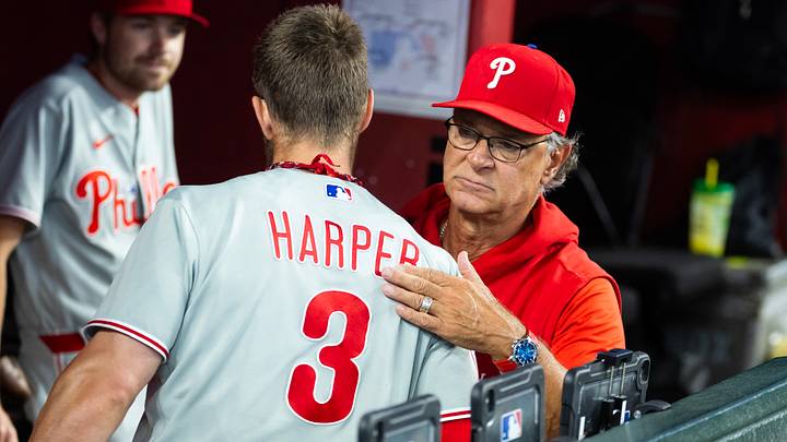 Sep 2, 2026; Phoenix, Arizona, USA; Philadelphia Phillies manager Don Mattingly greets outfielder Bryce Harper prior to the game against the Arizona Diamondbacks at Chase Field. Mandatory Credit: Mark J. Rebilas-Imagn Images Sep 2, 2026; Phoenix, Arizona, USA; Philadelphia Phillies manager Don Mattingly greets outfielder Bryce Harper prior to the game against the Arizona Diamondbacks at Chase Field. Mandatory Credit: Mark J. Rebilas-Imagn Images