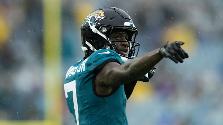 Dec 29, 2024; Jacksonville, Florida, USA; Jacksonville Jaguars wide receiver Brian Thomas Jr (7) celebrates the first down against the the Tennessee Titans in the second quarter at EverBank Stadium. Mandatory Credit: Jeremy Reper-Imagn Images