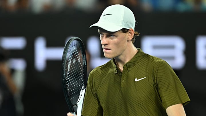 Jannik Sinner holds his Head racket at the 2026 Australian Open.