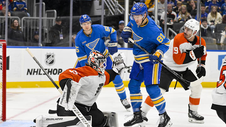 Nov 30, 2024; St. Louis, Missouri, USA;  Philadelphia Flyers goaltender Aleksei Kolosov (35) defends the net against St. Louis Blues center Dylan Holloway (81) during the second period at Enterprise Center.