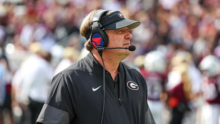 Nov 8, 2025; Starkville, Mississippi, USA; Georgia Bulldogs head coach Kirby Smart looks on against the Mississippi State Bulldogs during the first half at Davis Wade Stadium at Scott Field. Mandatory Credit: Wesley Hale-Imagn Images