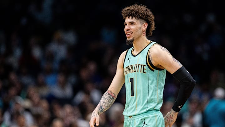 Charlotte Hornets guard LaMelo Ball (1) reacts during the fourth quarter against the New Orleans Pelicans at Spectrum Center.