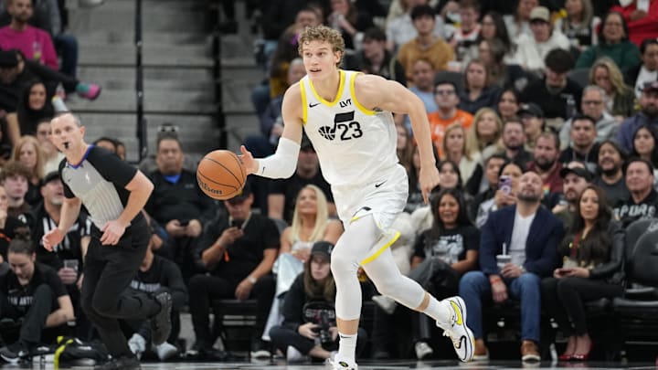 Dec 26, 2023; San Antonio, Texas, USA; Utah Jazz forward Lauri Markkanen (23) dribbles the ball in the first half against the San Antonio Spurs at Frost Bank Center. Mandatory Credit: Daniel Dunn-Imagn Images