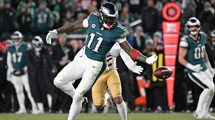 Jan 11, 2026; Philadelphia, PA, USA; Philadelphia Eagles wide receiver A.J. Brown (11) can't make catch during the fourth quarter against the San Francisco 49ers  in an NFC Wild Card Round game at Lincoln Financial Field. Mandatory Credit: Eric Hartline-Imagn Images