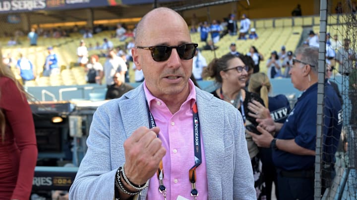 Oct 25, 2024; Los Angeles, California, USA; New York Yankees general manager Brian Cashman before game one against the Los Angeles Dodgers the 2024 MLB World Series at Dodger Stadium. Mandatory Credit: Jayne Kamin-Oncea-Imagn Images