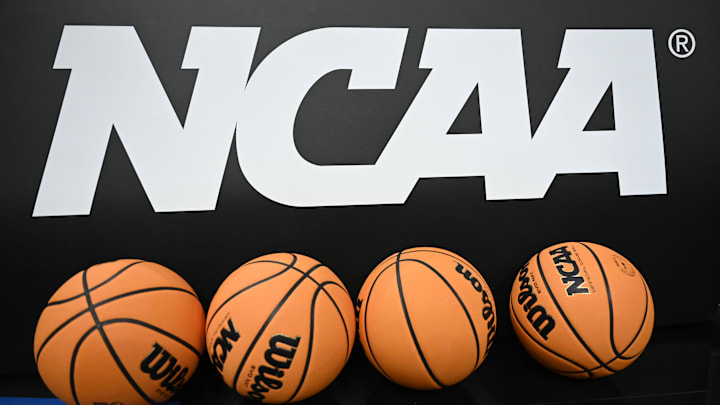 Detail view of the logo and basketballs during NCAA Tournament West Regional Practice at Chase Center. Detail view of the logo and basketballs during NCAA Tournament West Regional Practice at Chase Center.