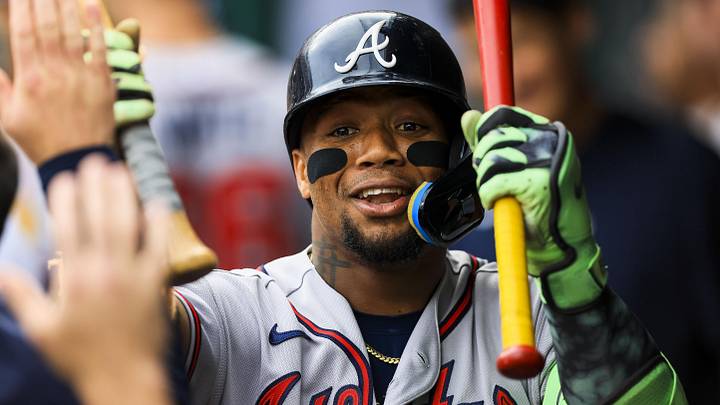 May 29, 2026; Cincinnati, Ohio, USA; Atlanta Braves outfielder Ronald Acuna Jr. (13) high fives teammates after hitting a solo home run in the first inning against the Cincinnati Reds at Great American Ball Park. Mandatory Credit: Katie Stratman-Imagn Images May 29, 2026; Cincinnati, Ohio, USA; Atlanta Braves outfielder Ronald Acuna Jr. (13) high fives teammates after hitting a solo home run in the first inning against the Cincinnati Reds at Great American Ball Park. Mandatory Credit: Katie Stratman-Imagn Images
