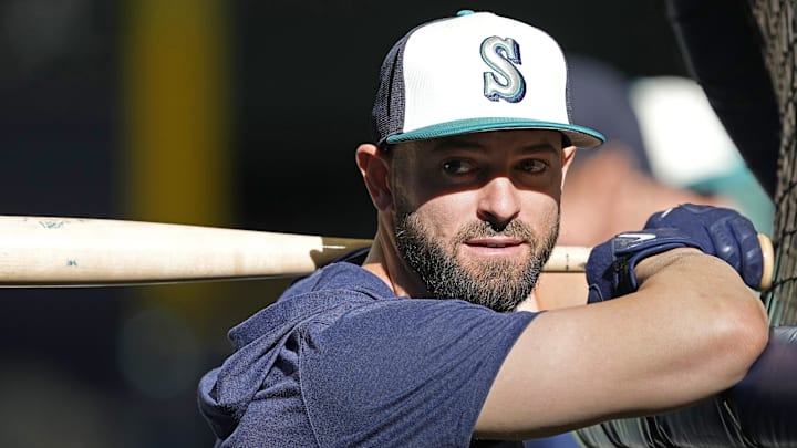 Apr 6, 2024; Milwaukee, Wisconsin, USA;  Seattle Mariners catcher Mitch Garver (18) looks on during