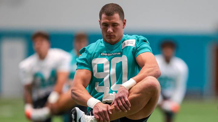 May 8, 2026; Miami Gardens, FL, USA; Miami Dolphins edge Mason Reiger (90) works during rookie minicamp at Baptist Health Training Complex. Mandatory Credit: Sam Navarro-Imagn Images