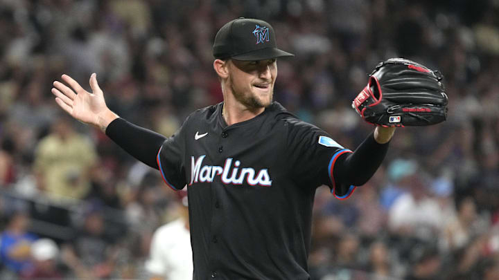 May 24, 2024; Phoenix, Arizona, USA; Miami Marlins pitcher Braxton Garrett (29) reacts after defeating the Arizona Diamondbacks at Chase Field.