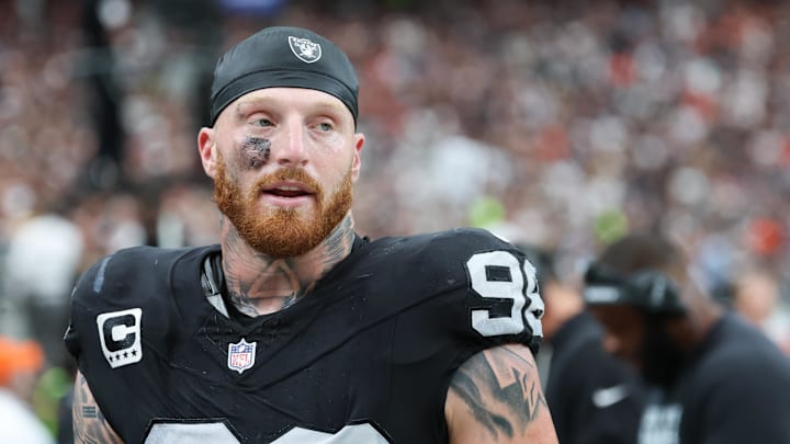 Sep 28, 2025; Paradise, Nevada, USA; Las Vegas Raiders defensive end Maxx Crosby (98) looks on from the sideline during the first quarter against the Chicago Bears at Allegiant Stadium. Mandatory Credit: Kiyoshi Mio-Imagn Images