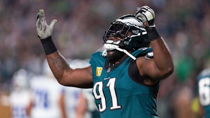 Nov 5, 2023; Philadelphia, Pennsylvania, USA; Philadelphia Eagles defensive tackle Fletcher Cox (91)
