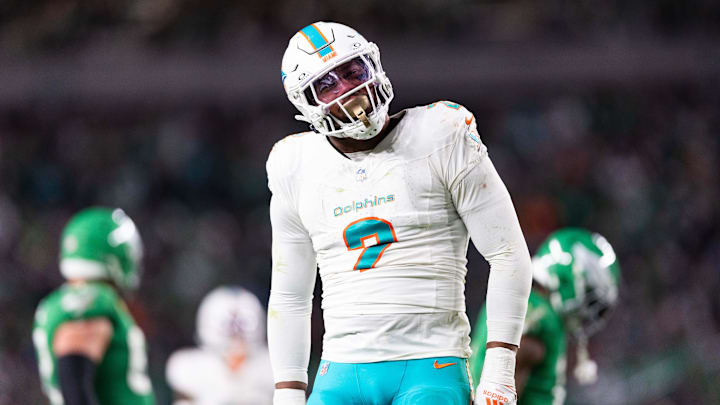 Oct 22, 2023; Philadelphia, Pennsylvania, USA; Miami Dolphins linebacker Bradley Chubb (2) reacts after a defensive stop against the Philadelphia Eagles during the third quarter at Lincoln Financial Field. Mandatory Credit: Bill Streicher-Imagn Images Oct 22, 2023; Philadelphia, Pennsylvania, USA; Miami Dolphins linebacker Bradley Chubb (2) reacts after a defensive stop against the Philadelphia Eagles during the third quarter at Lincoln Financial Field. Mandatory Credit: Bill Streicher-Imagn Images