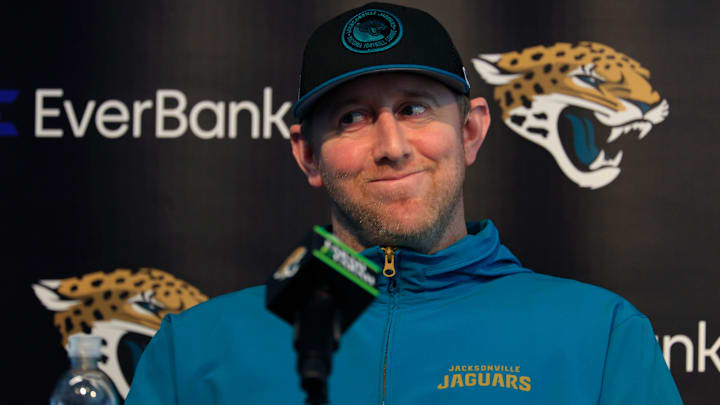 Jacksonville Jaguars head coach Liam Coen smiles during a press conference at Miller Electric Center Tuesday, April 15, 2025 in Jacksonville, Fla. [Corey Perrine/Florida Times-Union]