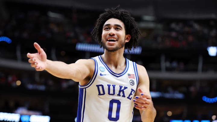 Mar 31, 2024; Dallas, TX, USA; Duke Blue Devils guard Jared McCain (0) reacts in the second half against the North Carolina State Wolfpack in the finals of the South Regional of the 2024 NCAA Tournament at American Airline Center. Mandatory Credit: Tim Heitman-USA TODAY Sports Mar 31, 2024; Dallas, TX, USA; Duke Blue Devils guard Jared McCain (0) reacts in the second half against the North Carolina State Wolfpack in the finals of the South Regional of the 2024 NCAA Tournament at American Airline Center. Mandatory Credit: Tim Heitman-USA TODAY Sports