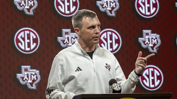 Texas A&M Aggies head coach Bucky McMillan talks with the media during SEC Media Days at Grand Bohemian Hotel.