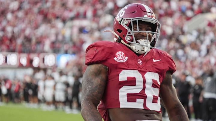 Oct 4, 2025; Tuscaloosa, Alabama, USA; Alabama running back Jam Miller (26) reacts after scoring a late touchdown to seal the victory at Saban Field at Bryant-Denny Stadium. Alabama downed Vanderbilt 30-14. Oct 4, 2025; Tuscaloosa, Alabama, USA; Alabama running back Jam Miller (26) reacts after scoring a late touchdown to seal the victory at Saban Field at Bryant-Denny Stadium. Alabama downed Vanderbilt 30-14.