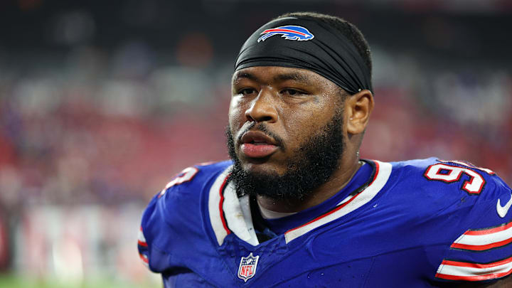 Aug 23, 2025; Tampa, Florida, USA;Buffalo Bills defensive tackle DeWayne Carter (90) looks on after a game against the Tampa Bay Buccaneers at Raymond James Stadium.