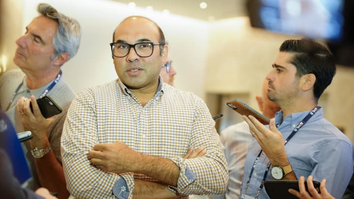 Nov 9, 2022; Las Vegas, NV, USA; San Francisco Giants president of baseball operations Farhan Zaidi answers questions from the media during the MLB GM Meetings at The Conrad Las Vegas Nov 9, 2022; Las Vegas, NV, USA; San Francisco Giants president of baseball operations Farhan Zaidi answers questions from the media during the MLB GM Meetings at The Conrad Las Vegas