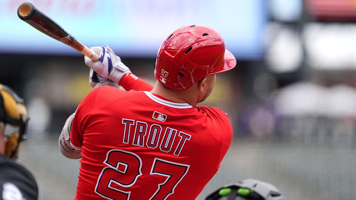 Angels designated hitter Mike Trout (27) double in the first inning against the Colorado Rockies at Coors Field on Sept. 21.