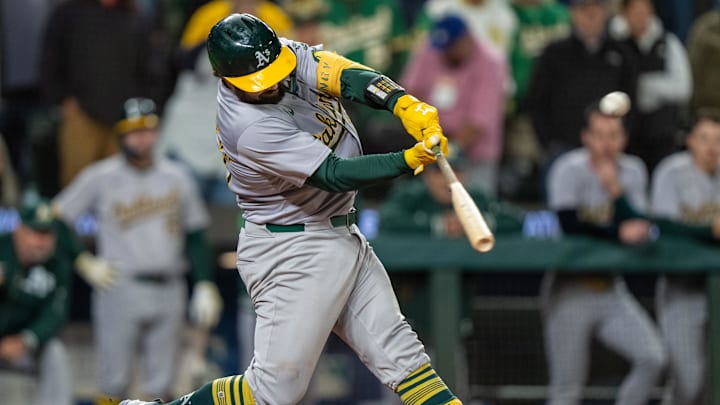 Sep 28, 2024; Seattle, Washington, USA; Oakland Athletics catcher Shea Langeliers (23) hits a three-run home run during the ninth inning against the Seattle Mariners at T-Mobile Park. Mandatory Credit: Stephen Brashear-Imagn Images