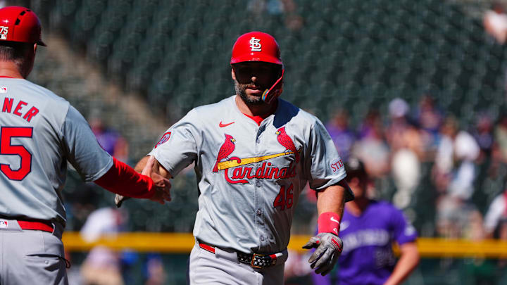 Sep 26, 2024; Denver, Colorado, USA; St. Louis Cardinals first base Paul Goldschmidt (46) celebrates his solo home run in the first inning against the Colorado Rockies at Coors Field. Mandatory Credit: Ron Chenoy-Imagn Images