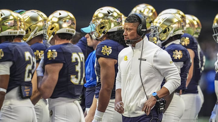 Oct 19, 2024; Atlanta, Georgia, USA; Notre Dame Fighting Irish head coach Marcus Freeman shown during the game against the Georgia Tech Yellow Jackets at Mercedes-Benz Stadium. Oct 19, 2024; Atlanta, Georgia, USA; Notre Dame Fighting Irish head coach Marcus Freeman shown during the game against the Georgia Tech Yellow Jackets at Mercedes-Benz Stadium.
