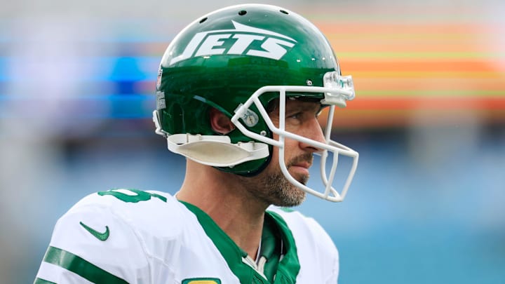 New York Jets quarterback Aaron Rodgers (8) looks on before an NFL football matchup Sunday, Dec. 15, 2024 at EverBank Stadium in Jacksonville, Fla. [Corey Perrine/Florida Times-Union]