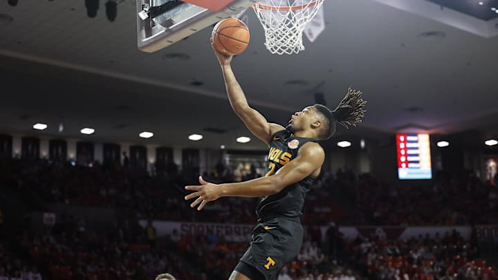 Feb 8, 2025; Norman, Oklahoma, USA; Tennessee Volunteers guard Chaz Lanier (2) goes up for a basket against the Oklahoma Sooners during the first half at Lloyd Noble Center. Mandatory Credit: Alonzo Adams-Imagn Images
