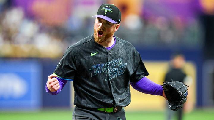 Aug 1, 2026; St. Petersburg, Florida, USA; Tampa Bay Rays starting pitcher Drew Rasmussen (57) reacts after pitching against the Chicago White Sox in the fifth inning at Tropicana Field. Mandatory Credit: Nathan Ray Seebeck-Imagn Images Aug 1, 2026; St. Petersburg, Florida, USA; Tampa Bay Rays starting pitcher Drew Rasmussen (57) reacts after pitching against the Chicago White Sox in the fifth inning at Tropicana Field. Mandatory Credit: Nathan Ray Seebeck-Imagn Images