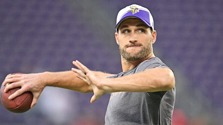 Oct 23, 2023; Minneapolis, Minnesota, USA; Minnesota Vikings quarterback Kirk Cousins (8) warms up