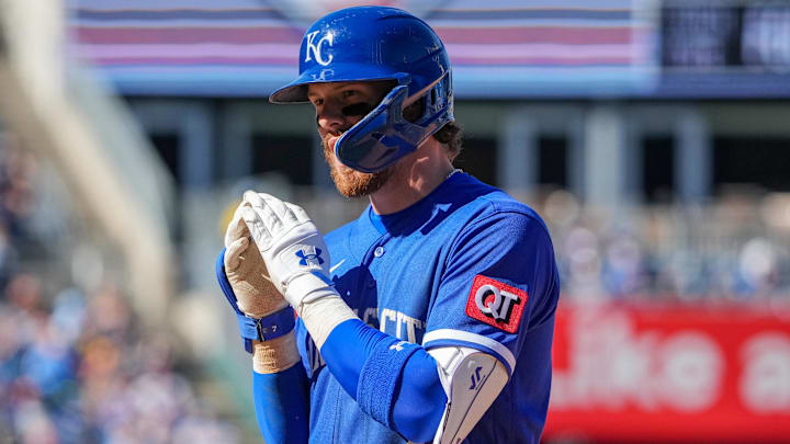 Apr 5, 2026; Kansas City, Missouri, USA; Kansas City Royals shortstop Bobby Witt Jr. (7) celebrates after hitting a single against the Milwaukee Brewers during the ninth inning at Kauffman Stadium. Mandatory Credit: Denny Medley-Imagn Images