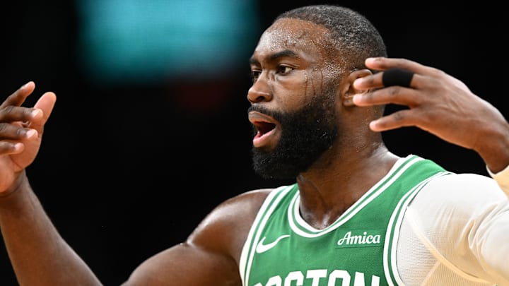 Dec 2, 2025; Boston, Massachusetts, USA; Boston Celtics guard Jaylen Brown (7) reacts after making a three point basket against the New York Knicks during the first half at the TD Garden. Mandatory Credit: Brian Fluharty-Imagn Images