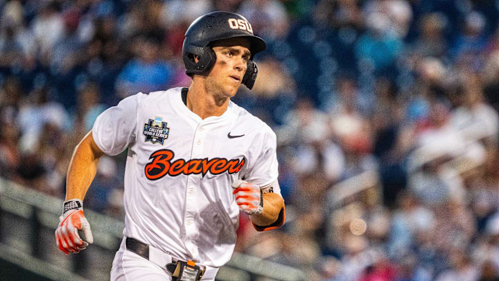 Jun 15, 2025; Omaha, Neb, USA; Oregon State Beavers left fielder Gavin Turley (1) rounds third after hitting a solo home run against the Coastal Carolina Chanticleers during the ninth inning at Charles Schwab Field. Mandatory Credit: Dylan Widger-Imagn Images Jun 15, 2025; Omaha, Neb, USA; Oregon State Beavers left fielder Gavin Turley (1) rounds third after hitting a solo home run against the Coastal Carolina Chanticleers during the ninth inning at Charles Schwab Field. Mandatory Credit: Dylan Widger-Imagn Images