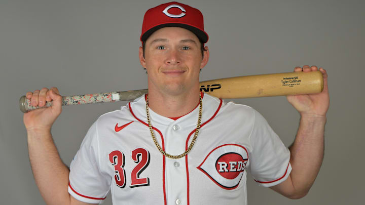 Feb 17, 2026; Goodyear, AZ, USA; Cincinnati Reds left fielder Tyler Callihan (32) during media day in Goodyear, Arizona. Mandatory Credit: Jayne Kamin-Oncea-Imagn Images